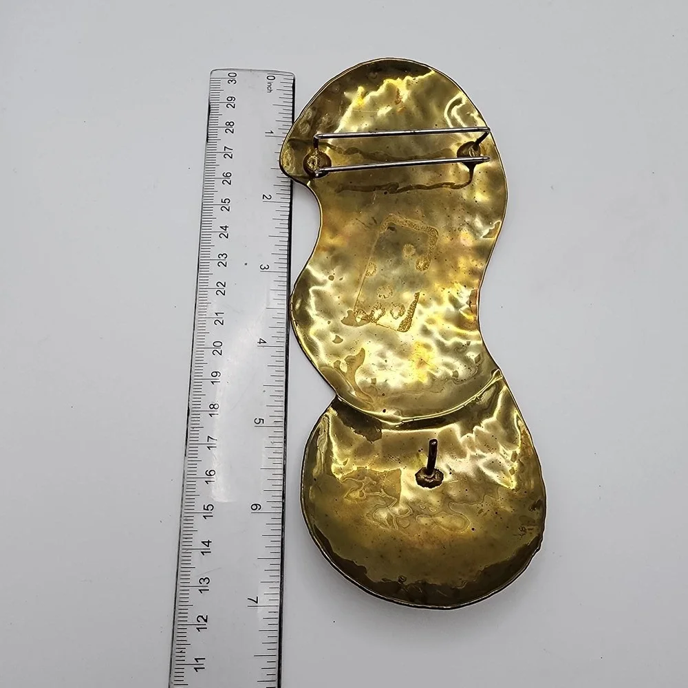 Vintage Artisan Hammered Brass Heart Scarf Clip Slide Brutalist Belt Buckle Pair